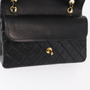 CHANEL Matelasse 25 Double Flap Chain Bag Lamb Skin Black Gold CC Auth BA9005SAM-21