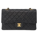 CHANEL Matelasse 25 Double Flap Chain Bag Lamb Skin Black Gold CC Auth BA9005SAM-13