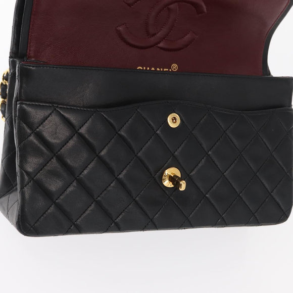 CHANEL Matelasse 25 Double Flap Chain Bag Lamb Skin Black Gold CC Auth BA9005SAM