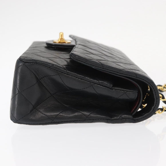 CHANEL Matelasse 25 Double Flap Chain Bag Lamb Skin Black Gold CC Auth BA9005SAM
