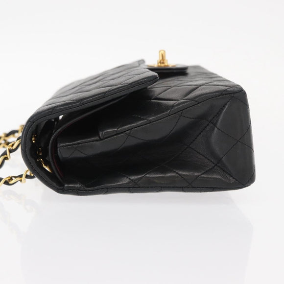 CHANEL Matelasse 25 Double Flap Chain Bag Lamb Skin Black Gold CC Auth BA9005SAM