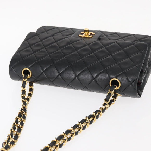 CHANEL Matelasse 25 Double Flap Chain Bag Lamb Skin Black Gold CC Auth BA9005SAM
