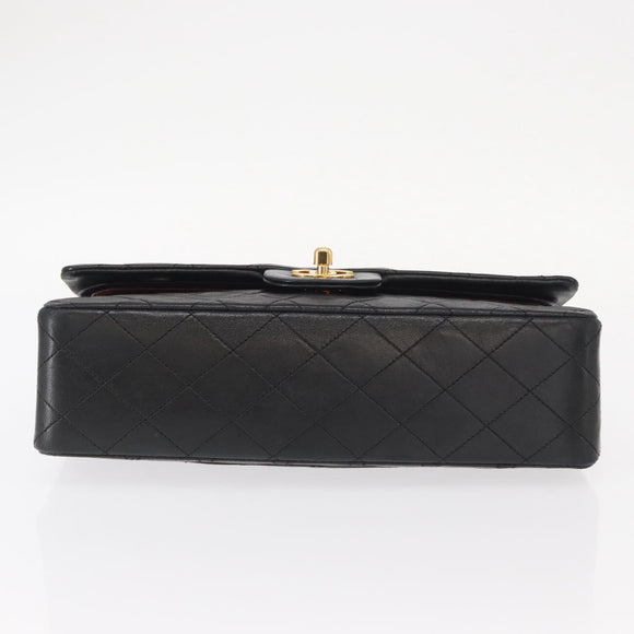 CHANEL Matelasse 25 Double Flap Chain Bag Lamb Skin Black Gold CC Auth BA9005SAM