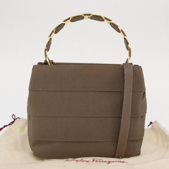 Salvatore Ferragamo Vala Hand Bag Canvas 2way Beige Gold Auth BA9015