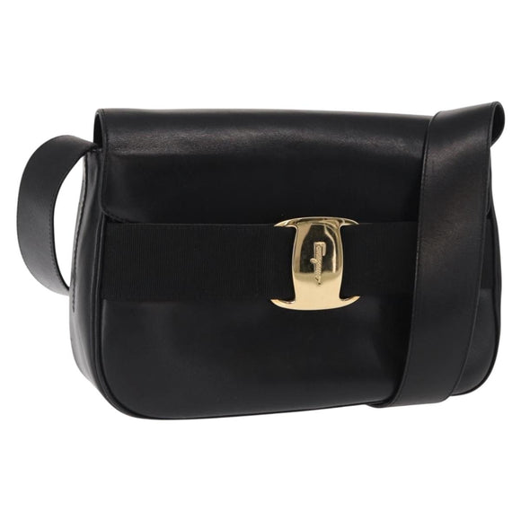 Salvatore Ferragamo Vala Shoulder Bag Leather Black Gold Auth BA9016