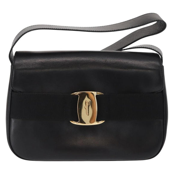 Salvatore Ferragamo Vala Shoulder Bag Leather Black Gold Auth BA9016