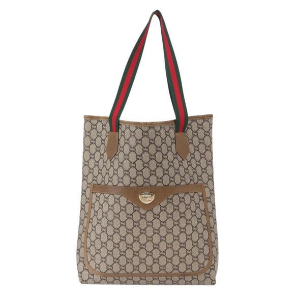 GUCCI GG Plus Supreme Web Sherry Line Tote Bag PVC Beige Gold Auth BA9029