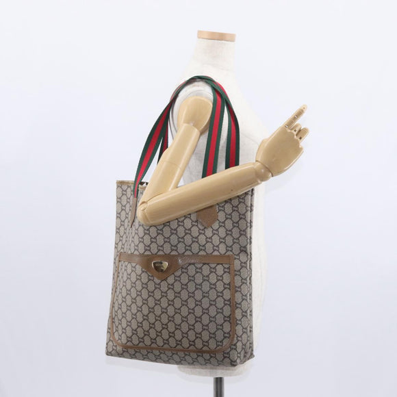 GUCCI GG Plus Supreme Web Sherry Line Tote Bag PVC Beige Gold Auth BA9029