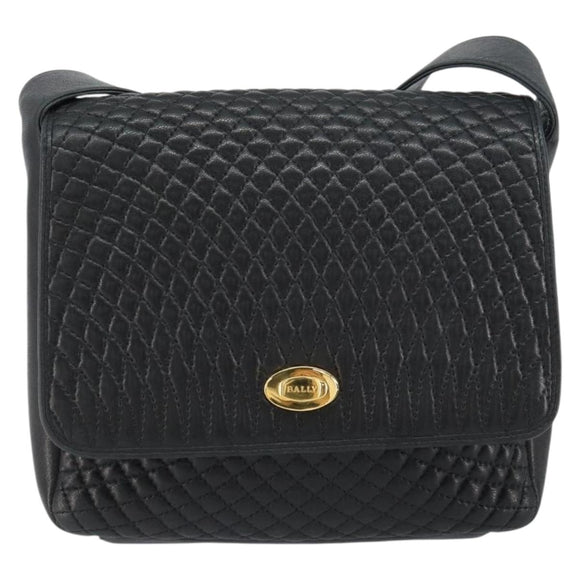 BALLY Shoulder Bag Leather Black Gold Auth BA9032