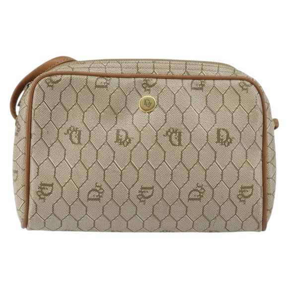 Christian Dior Honeycomb Canvas Shoulder Bag PVC Beige Gold Auth BA9036