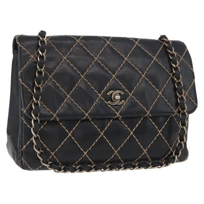 CHANEL Bicolore Big Matelasse 30 Single Flap Chain Lamb Skin Black CC Auth BA905