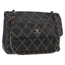 CHANEL Bicolore Big Matelasse 30 Single Flap Chain Lamb Skin Black CC Auth BA905-1