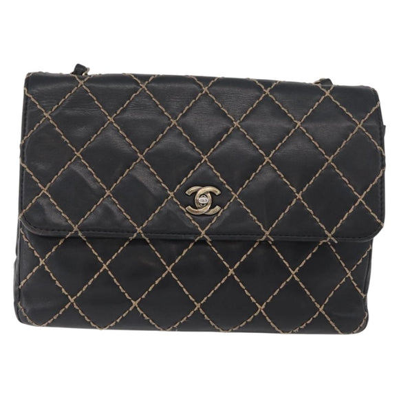 CHANEL Bicolore Big Matelasse 30 Single Flap Chain Lamb Skin Black CC Auth BA905