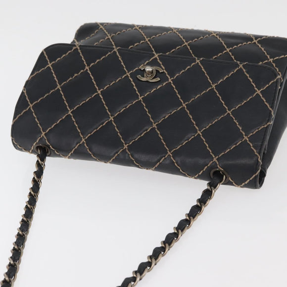 CHANEL Bicolore Big Matelasse 30 Single Flap Chain Lamb Skin Black CC Auth BA905