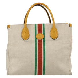 GUCCI Web Sherry Line Hand Bag Canvas 2way Beige Gold Auth BA9056 - 0