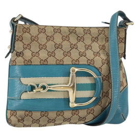 GUCCI GG Canvas Shoulder Bag Beige Turquoise Blue Gold 141506 Auth BA9062