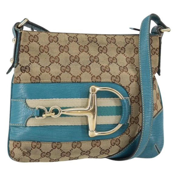 GUCCI GG Canvas Shoulder Bag Beige Turquoise Blue Gold 141506 Auth BA9062