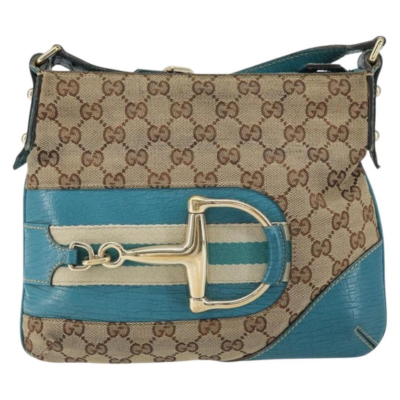 GUCCI GG Canvas Shoulder Bag Beige Turquoise Blue Gold 141506 Auth BA9062