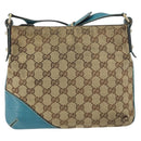 GUCCI GG Canvas Shoulder Bag Beige Turquoise Blue Gold 141506 Auth BA9062-3