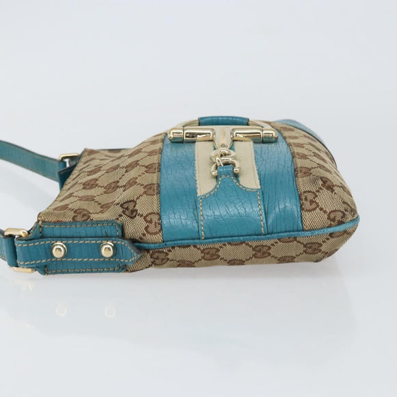 GUCCI GG Canvas Shoulder Bag Beige Turquoise Blue Gold 141506 Auth BA9062