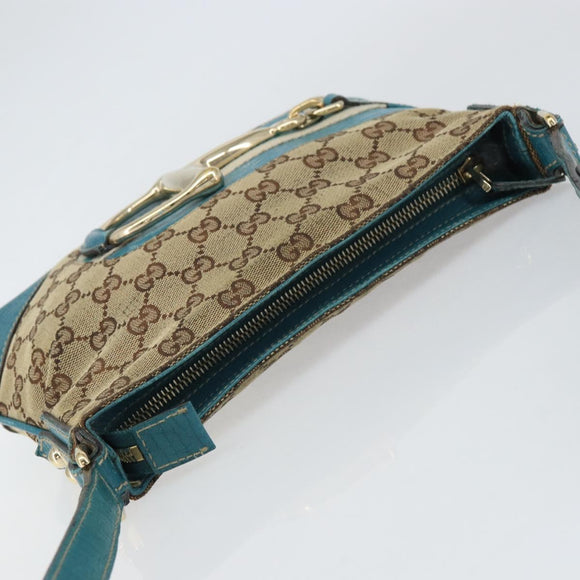 GUCCI GG Canvas Shoulder Bag Beige Turquoise Blue Gold 141506 Auth BA9062