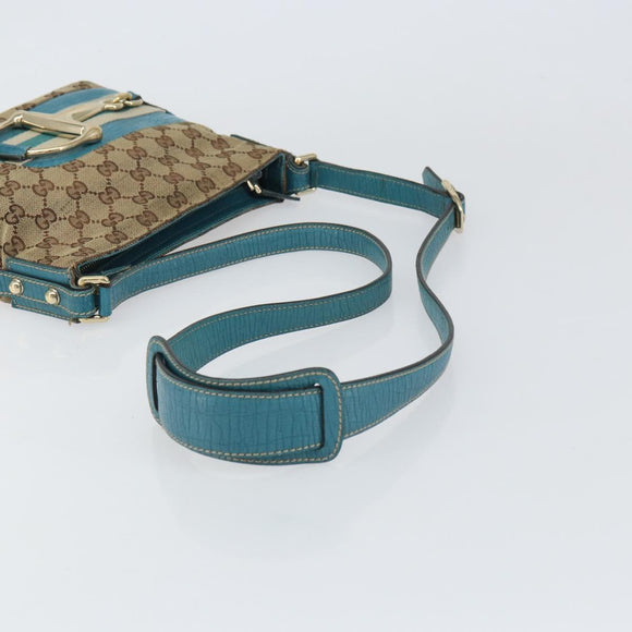 GUCCI GG Canvas Shoulder Bag Beige Turquoise Blue Gold 141506 Auth BA9062