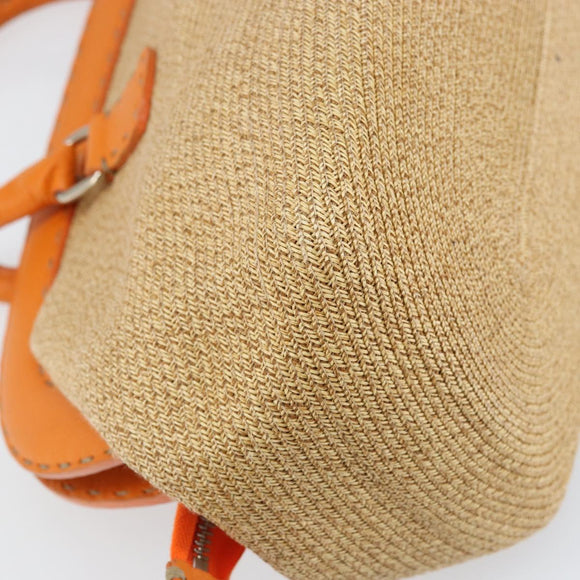 FENDI Celeria Hand Bag Raffia Beige Silver Auth BA9072