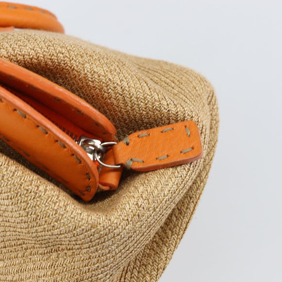 FENDI Celeria Hand Bag Raffia Beige Silver Auth BA9072