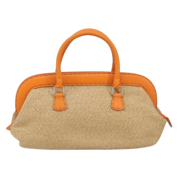 FENDI Celeria Hand Bag Raffia Beige Silver Auth BA9072