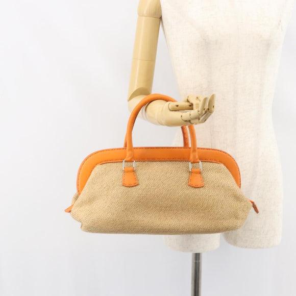 FENDI Celeria Hand Bag Raffia Beige Silver Auth BA9072