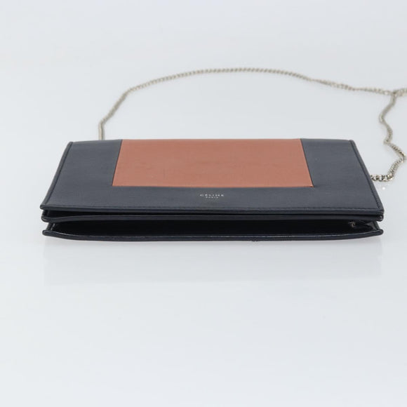 CELINE Frame Evening Chain Wallet Leather Black Silver Auth BA9073