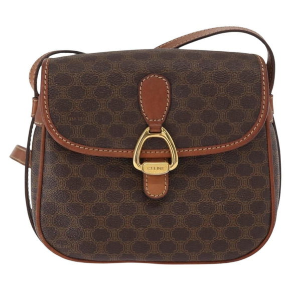 CELINE Macadam Canvas Shoulder Bag PVC Leather Brown Gold Auth BA9074