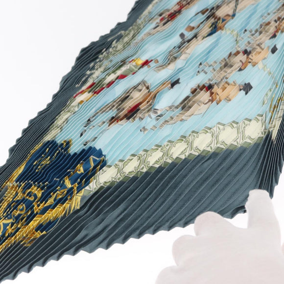 HERMES Pleated Scarf ""Real Escuela Andaluza del Arte"" Silk Blue Auth BA9111