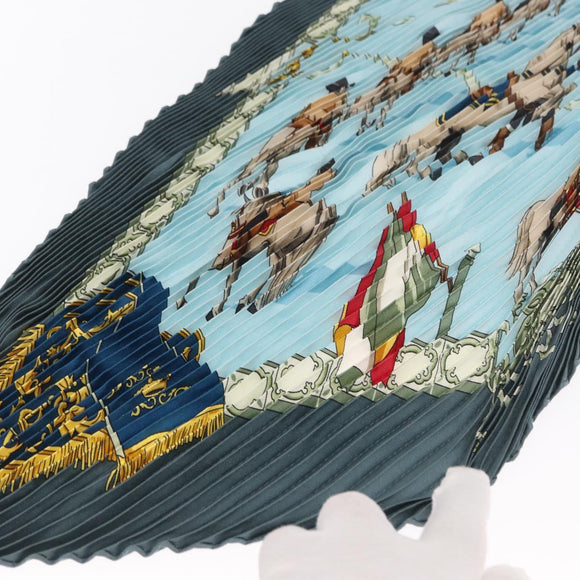 HERMES Pleated Scarf ""Real Escuela Andaluza del Arte"" Silk Blue Auth BA9111