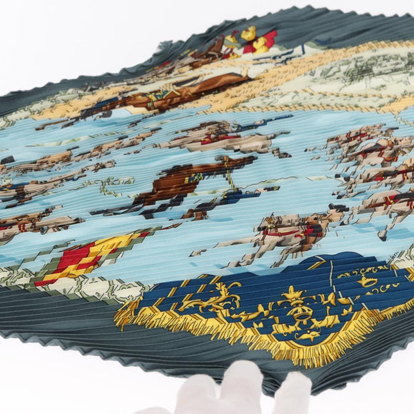 HERMES Pleated Scarf ""Real Escuela Andaluza del Arte"" Silk Blue Auth BA9111