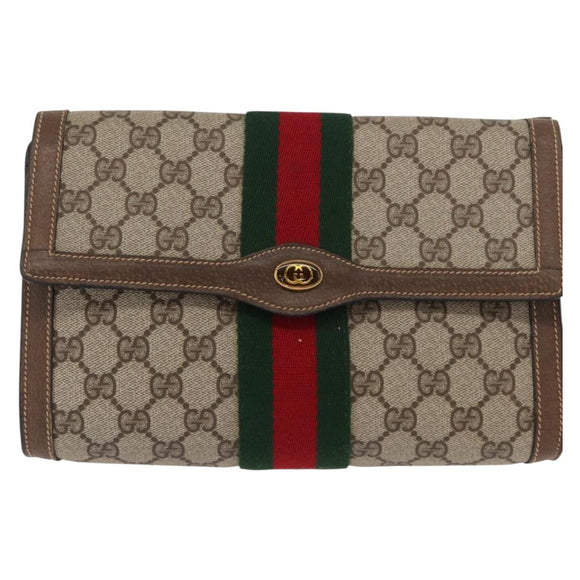 GUCCI GG Supreme Web Sherry Line Clutch Bag PVC Beige Gold 89 01 006 Auth BA9121