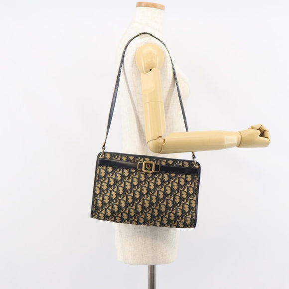 Christian Dior Trotter Canvas Shoulder Bag Navy Gold Auth BA9130