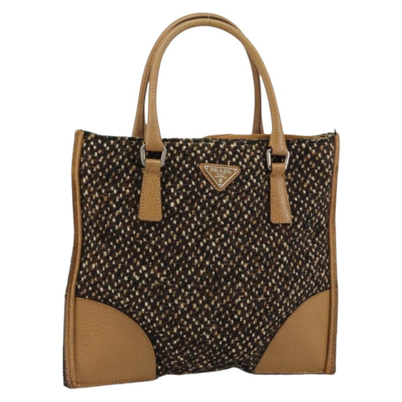 PRADA Hand Bag Cotton Brown Silver Auth BA9135