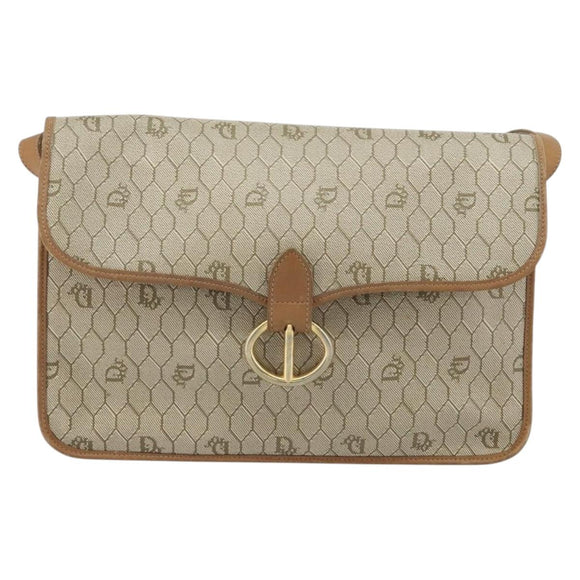 Christian Dior Honeycomb Canvas Shoulder Bag PVC Beige Gold Auth BA9156