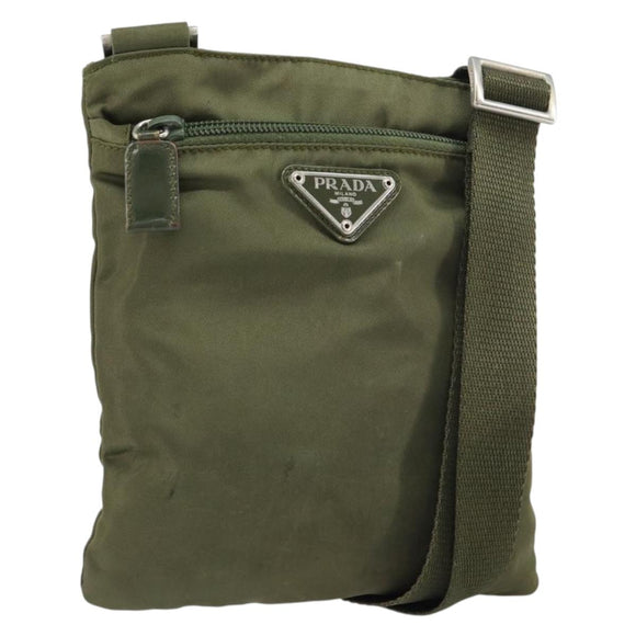 PRADA Shoulder Bag Nylon Khaki Silver Auth BA9173
