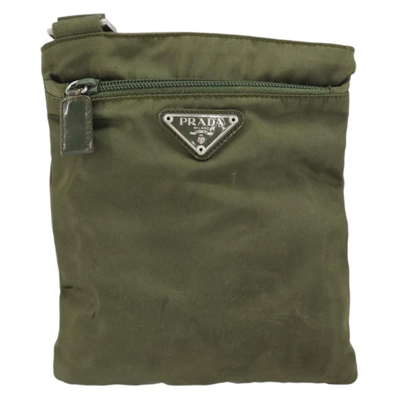 PRADA Shoulder Bag Nylon Khaki Silver Auth BA9173
