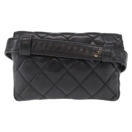 CHANEL Matelasse Waist Bag Lamb Skin Black Gold CC Auth BA9189 - 0