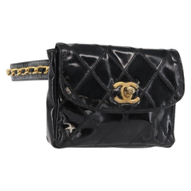 CHANEL Bicolore Waist bag Enamel Black Gold CC Auth BA9194