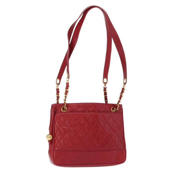 CHANEL Matelasse Chain Shoulder Bag Lamb Skin Red Gold CC Auth BA9195