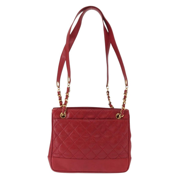 CHANEL Matelasse Chain Shoulder Bag Lamb Skin Red Gold CC Auth BA9195