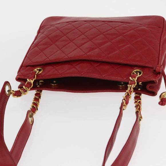 CHANEL Matelasse Chain Shoulder Bag Lamb Skin Red Gold CC Auth BA9195