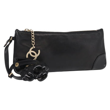 CHANEL Camelia Clutch Bag Lamb Skin Black Silver CC Auth BA9202V