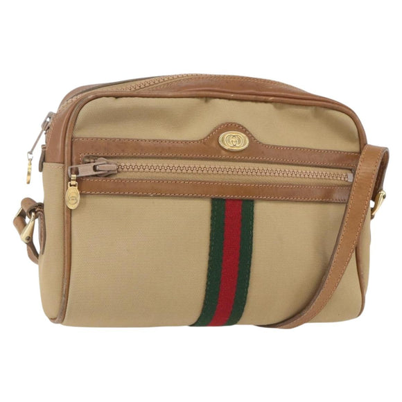 GUCCI Web Sherry Line Shoulder Bag Canvas Beige Gold Auth BA9238