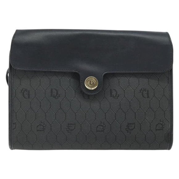 Christian Dior Honeycomb Canvas Chain Shoulder Bag PVC Black Gold Auth BA9243