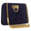 Salvatore Ferragamo Gancini Chain Shoulder Bag Suede Navy Gold Auth BA9249-1